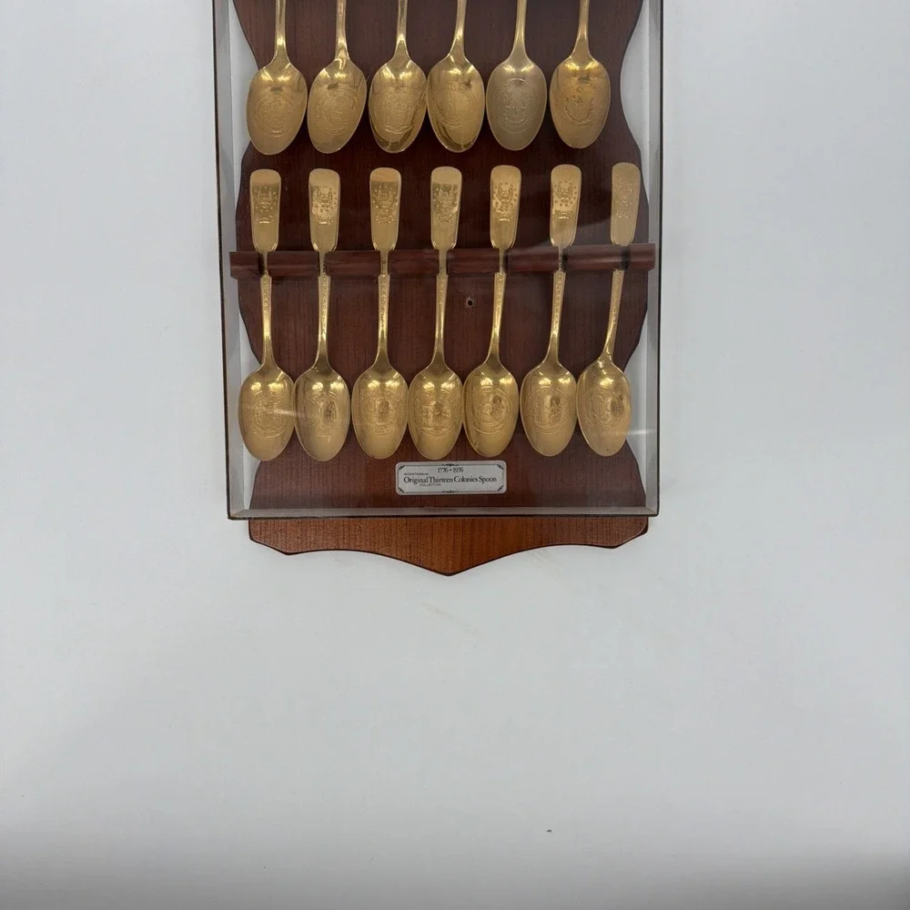 Vintage 1976 Bicentennial 13 Colonies Spoon Set Gold Electroplate Display Case